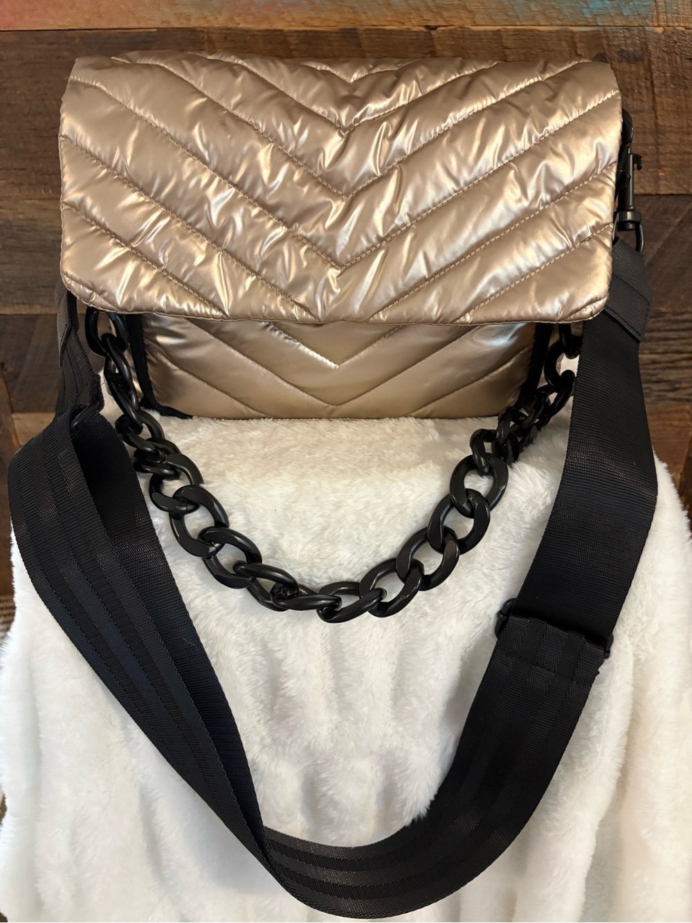 THINK ROYLN Champagne Puffer Crossbody with Black Chain Strap
